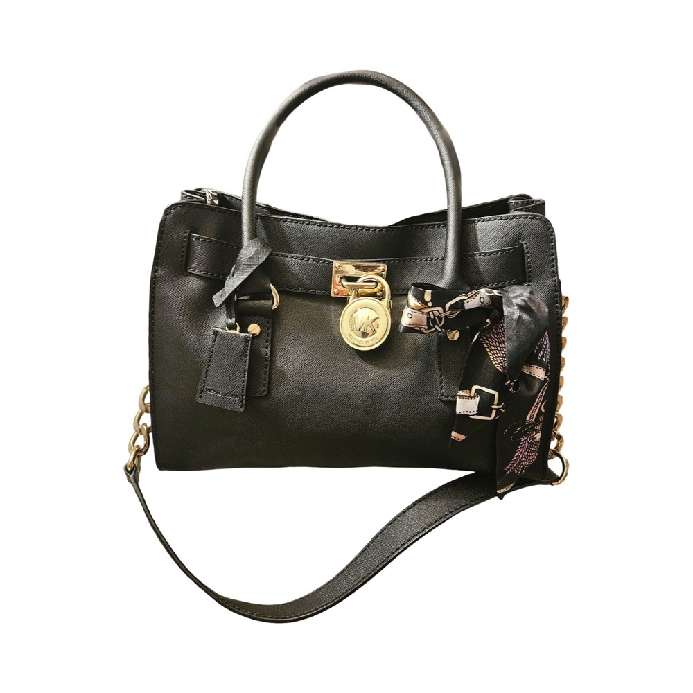 Michael Kors Hamilton Black Saffiano Leather Satchel Crossbody Bag Gold Hardware
